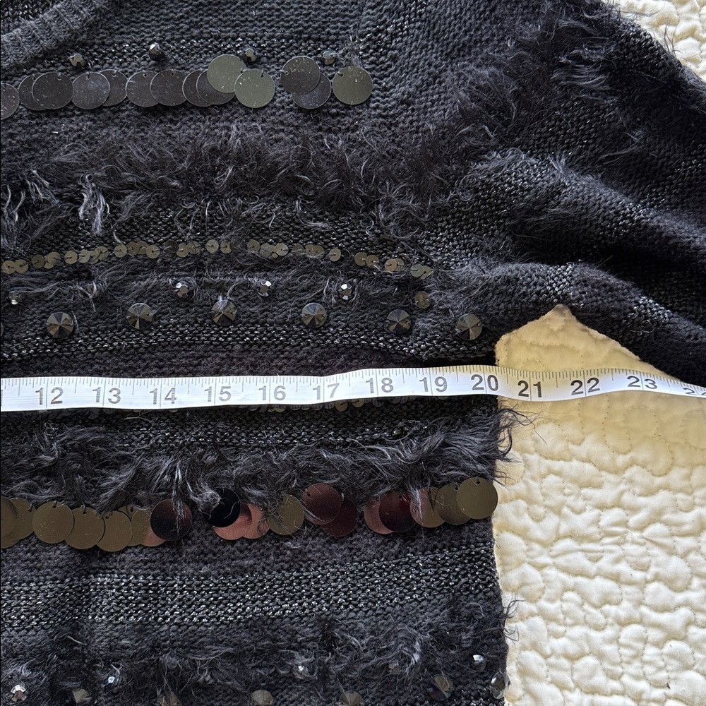 Ruby Rd Black Sequin & Bead Mixed Texture Cardigan Sweater Fuzzy Stripe Sz LG - Picture 5 of 12